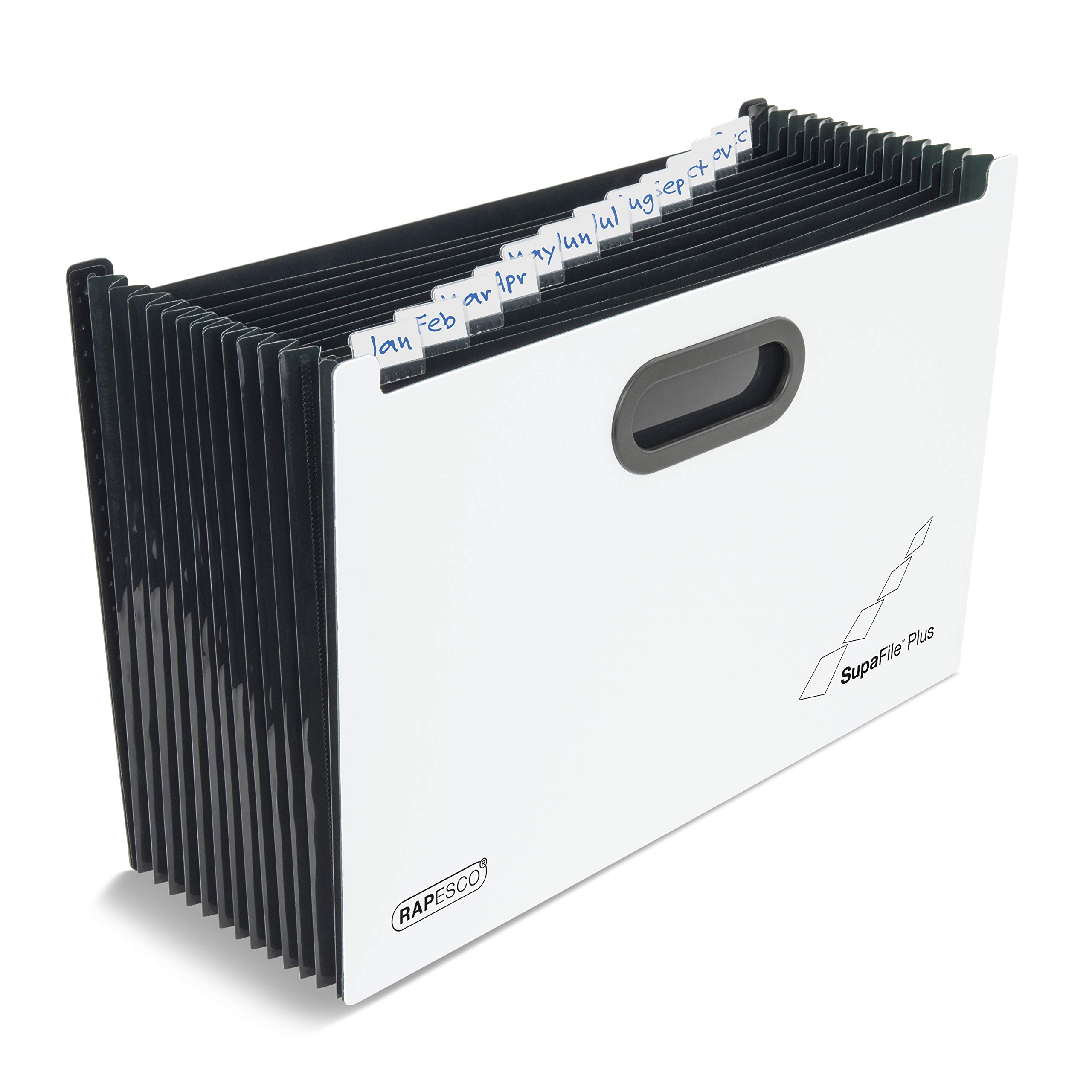 Rapesco 1624 SupaFile Plus 13-Part Desktop Expanding File Organiser Oversized to Fit Files and Folders up to 38.5 cm Wide, A4+, White with Black Dividers