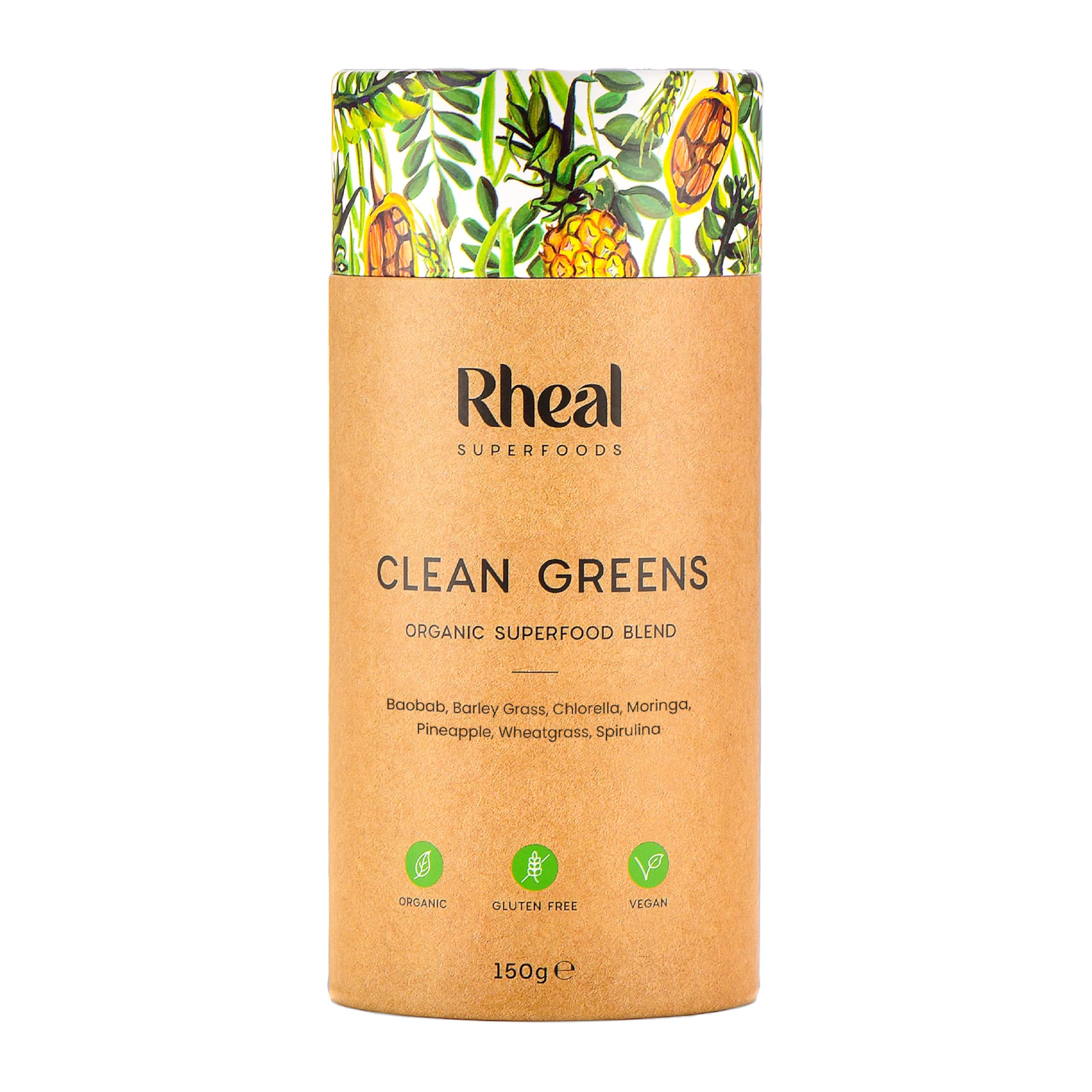 Rheal Clean Greens, 150g (30 Servings), Organic Greens Powder with Baobab & Freeze-Dried Pineapple, Supports Immunity, Digestion & Energy, No Sweeteners or Artificial Flavours