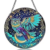 ROSDMDE Owl Hanging Stained Glass for Windows 7.8in Hand-Painted Suncatchers Garden Hangings Animal Sun Catchers Decor for Birthday for Women Men Wife Aunt and Mom