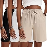 Neer 3 Pack Women's Linen Bermuda Shorts Summer Wide Leg Casual High Waist Drawstring Mid Length Shorts with Pockets