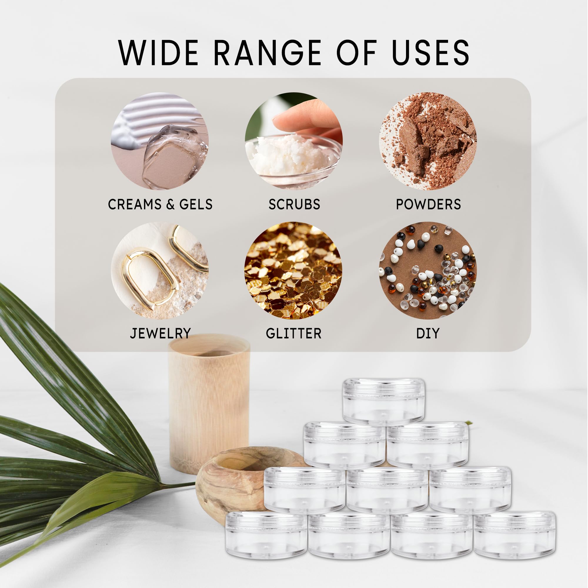 50 New Empty 5 Grams Acrylic Clear Round Jars - BPA Free Containers for Cosmetic, Lotion, Cream, Makeup, Bead, Eye shadow, Rhinestone, Samples, Pot, 5g/5ml (Clear Lid (50 Jars)
