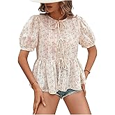 WDIRARA Women's Floral Print Bow Tie Front Blouse Puff Short Sleeve Round Neck Peplum Babydoll Shirt