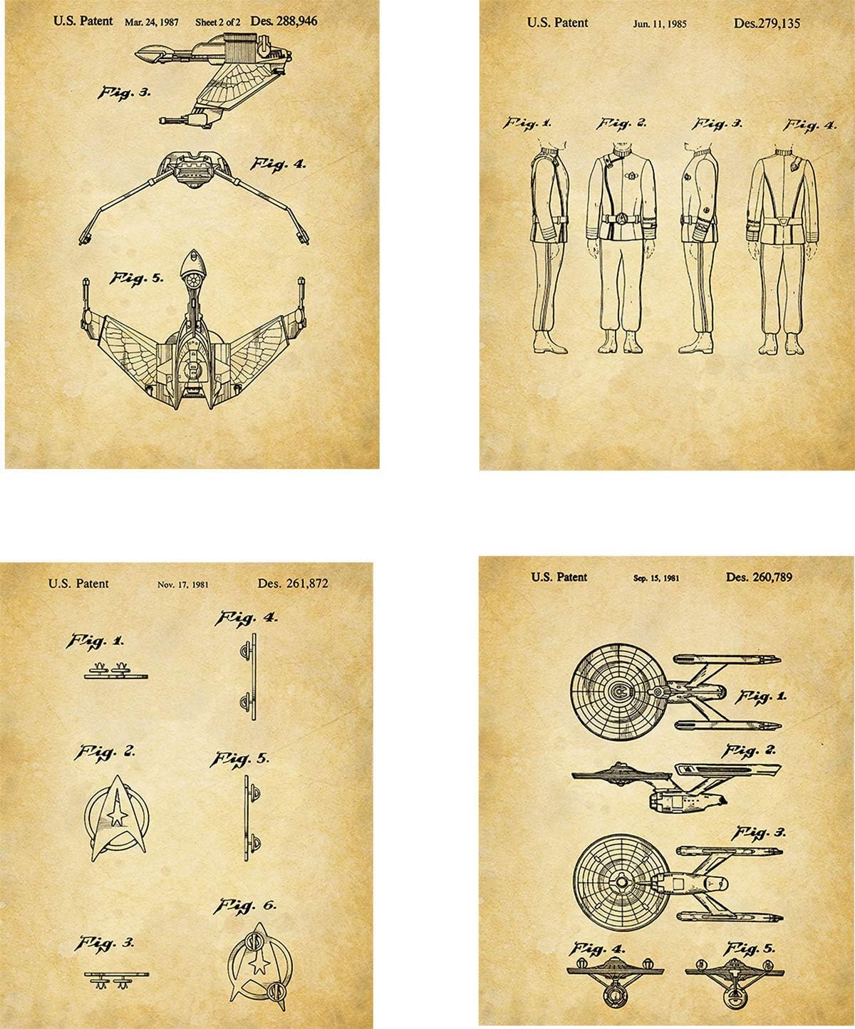 Star Trek Patent Wall Art Prints - set of Four (8x10) Unframed - wall art decor for Star Trek fans