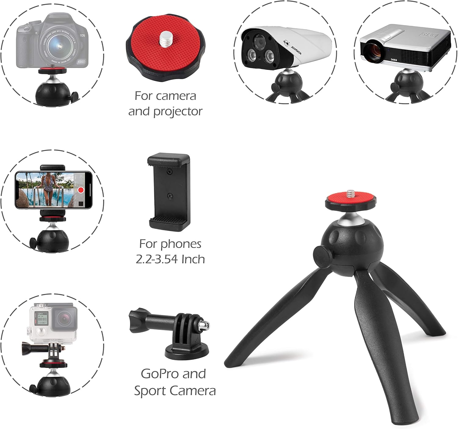 Polarduck Mini Tripod, Mini Phone Tripod Stand, Mini Tripod for iPhone/Compact DLSR/Samsung/Android Cellphone/Webcam/Projector with Universal Phone Mount & GoPro Mount, Fully Adjustable Angle Rotation : Camera & Photo