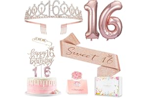 Sweet 16th Birthday Decorations Gift, Including Happy Birthday Cake Topper, Queen Sash with Pearl Pin, Rhinestone Tiara Crown