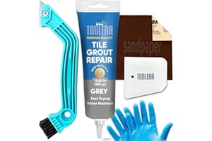 TOOLERA Tile Grout Repair Kit (5Pcs Set), Premixed Tile Grout (White - 13.4 Oz / 380gr), Grout Removal Tool, Spatula, Waterproof Grout Filler for Bathroom, Kitchen, and Floor Tiles (Grey)