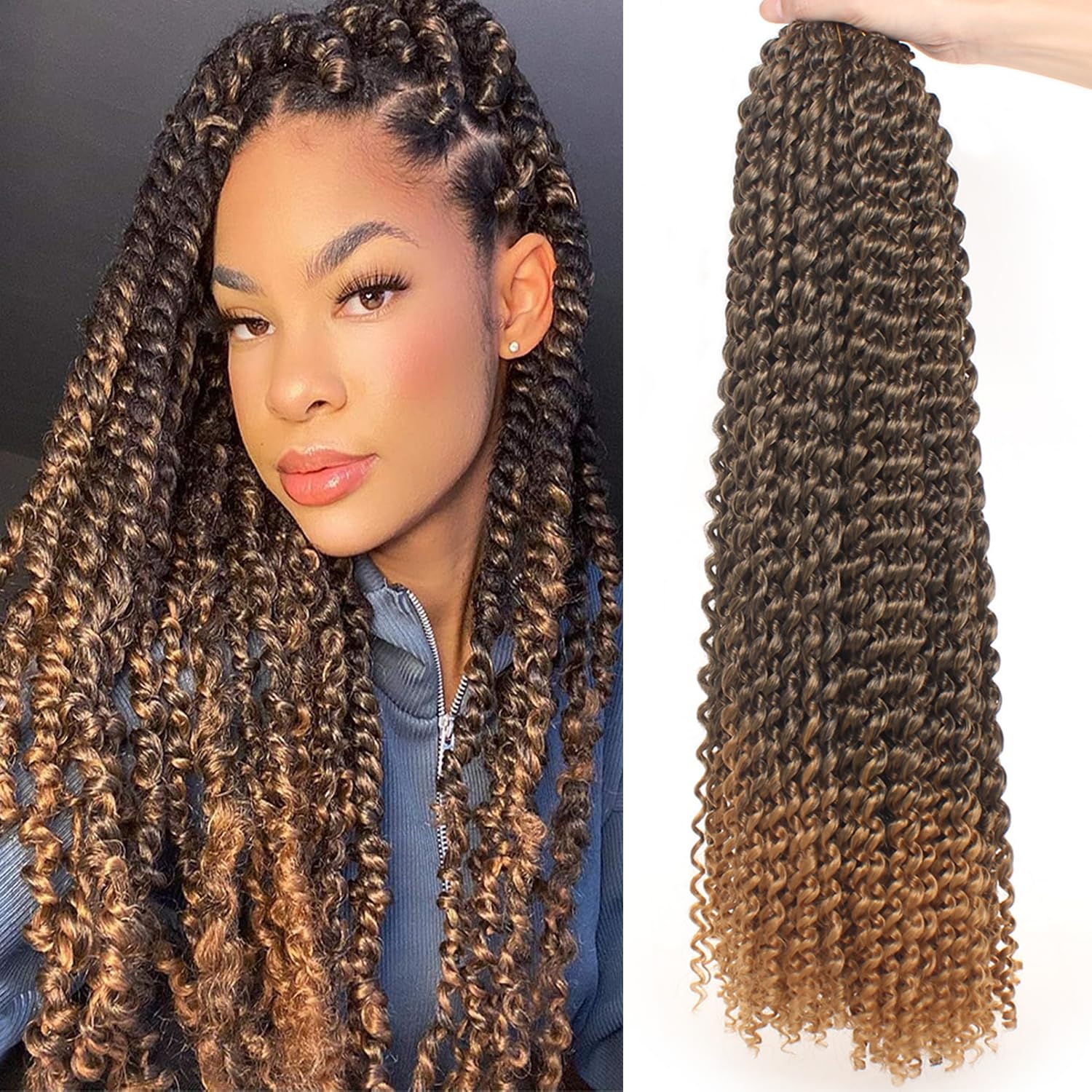 Mscat Passion Twist Hair 24 Inch 7 Packs Ombre Brown Water Wave Crochet Hair Curly Braiding Hair Short Bohemian Spring Twist Hair For Butterfly Locs Crochet Braids Synthetic Hair Extension T27# — image 1