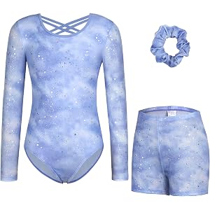 beautyin Gymnastics Leotards for Girls Long Sleeve Ballet Dance Outfits | 3 Piece Set, Sparkly Design, 4-Way Stretch, Cross B