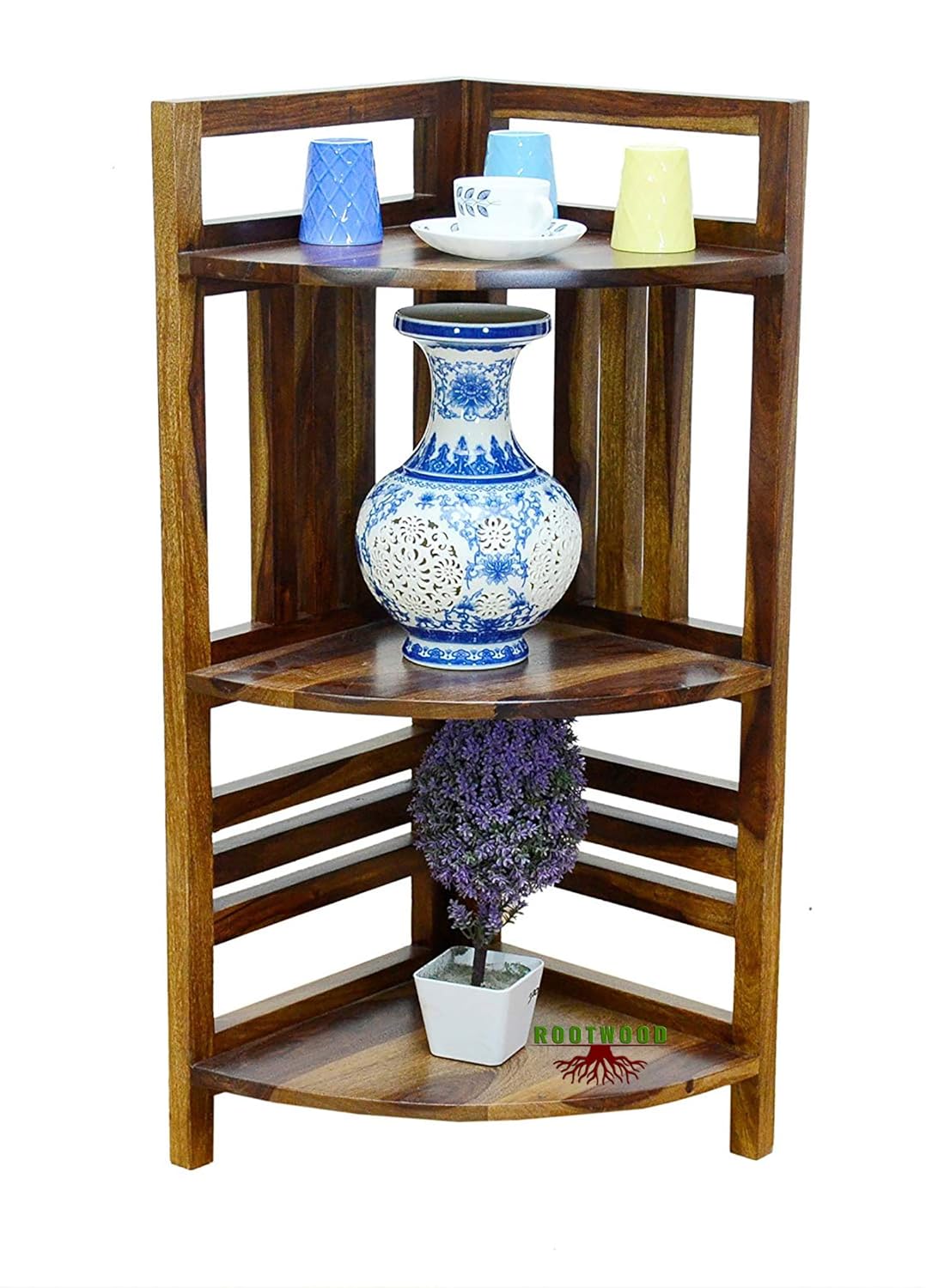 Rootwood Sheesham Wood Display Rack Corner Wall Shelves for Living Room | Teak Finish