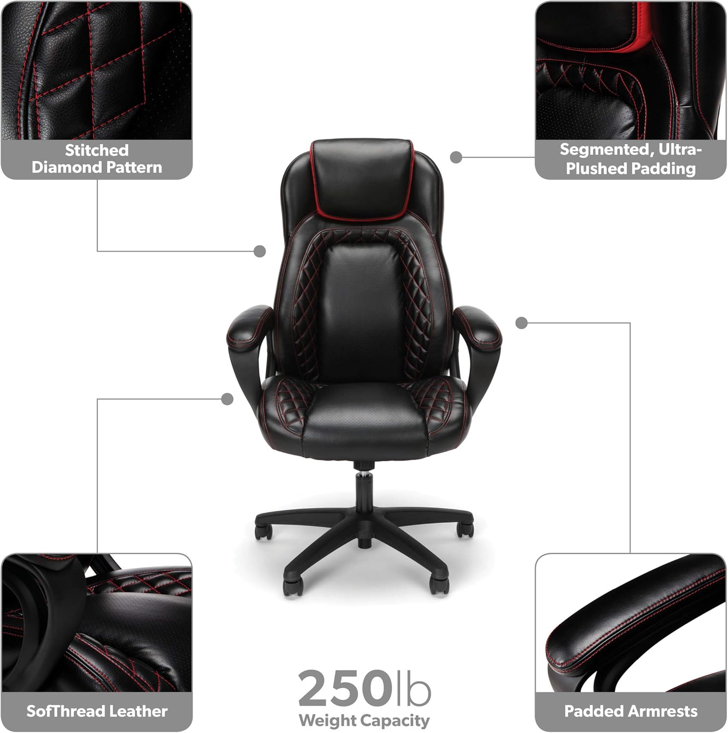 OFM Essentials Collection Racing Style SofThread Leather High Back Office Chair, in Red: Furniture & Decor