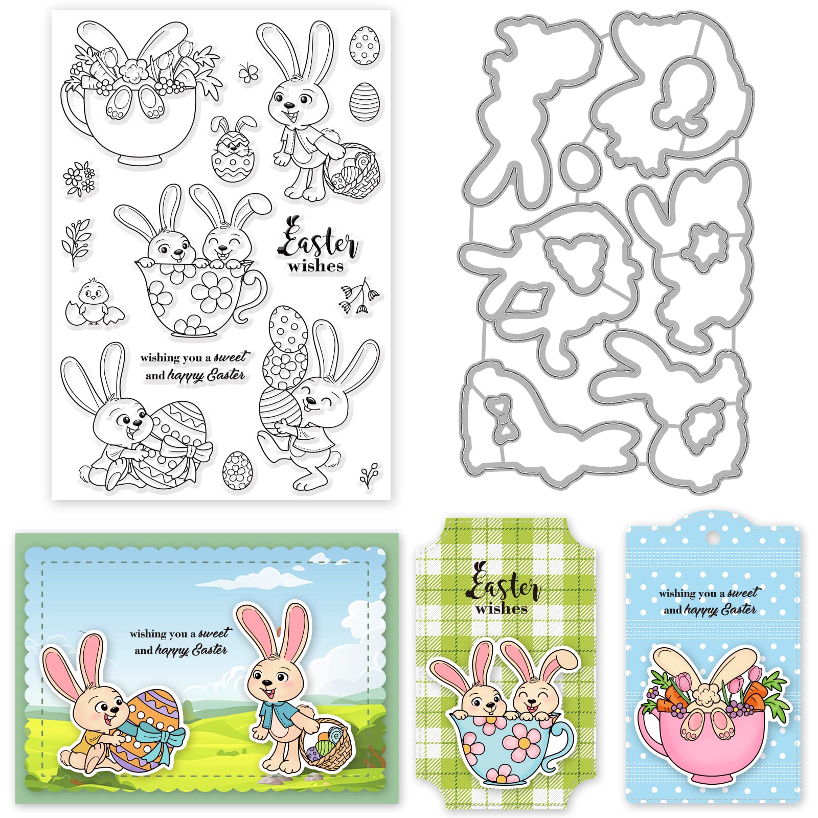 ORIGACH Easter Rabbit Stamps and Dies for Card Making Teacup Rabbit Dies and Stamps Set for DIY Scrapbooking Album Decorative