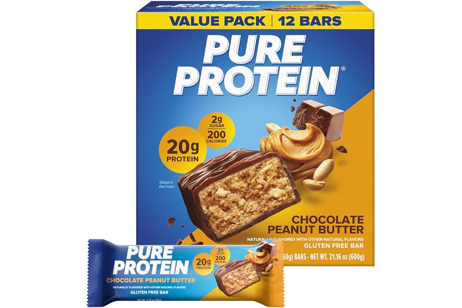 Pure Protein Chocolate Peanut Butter Protein Bars – 20g Protein, 3g Sugar, 190 Calories (12 count) Low Sugar* High Protein Sn