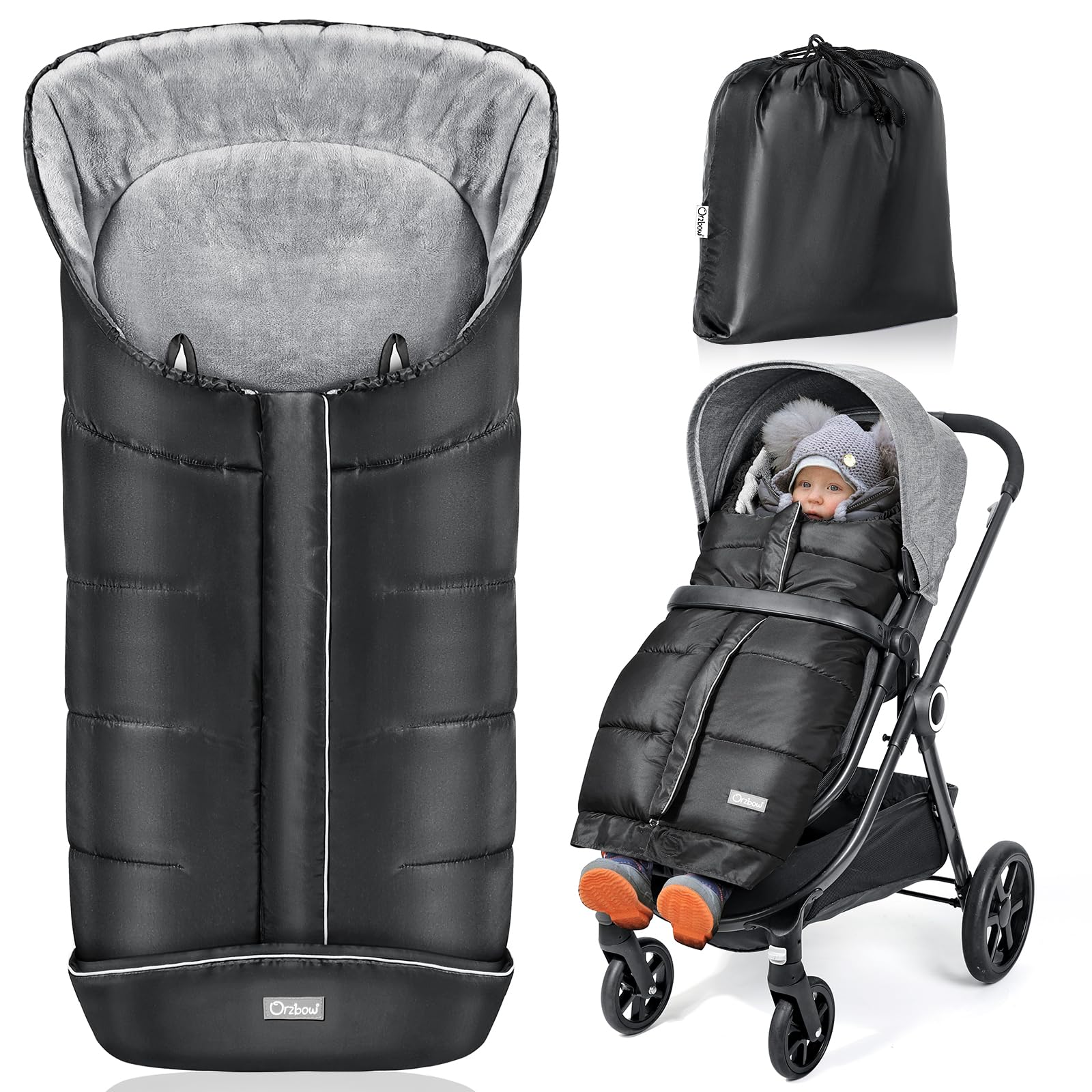Orzbow Footmuff for Pushchair Universal, Large Pushchair & Pram Footmuffs with Drawstring, Waterproof Cosy Toes for Buggy with Warm Fleece, Anti-Slip Back, Reflective Strip, Easy Access, Black