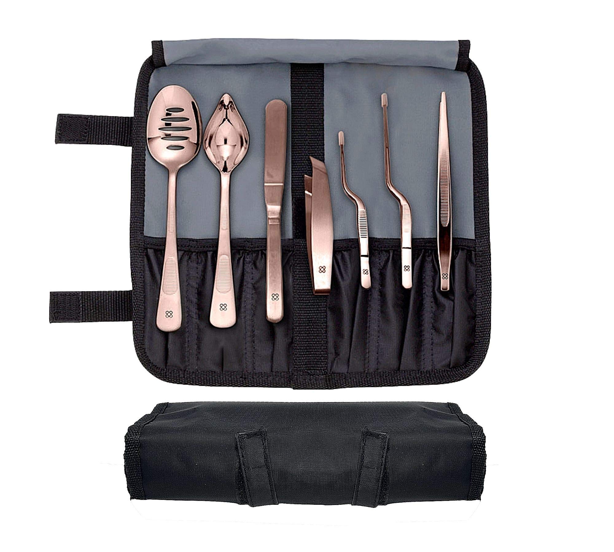 DOJA Barcelona Chef Plating - Kit Color Copper - 7Pc Professional Culinary Plating Tools Set Tweezers, Slotted Spoon, Fish Deboning Tweezers, Chef Art Pencil and Spatula for Artful Presentation