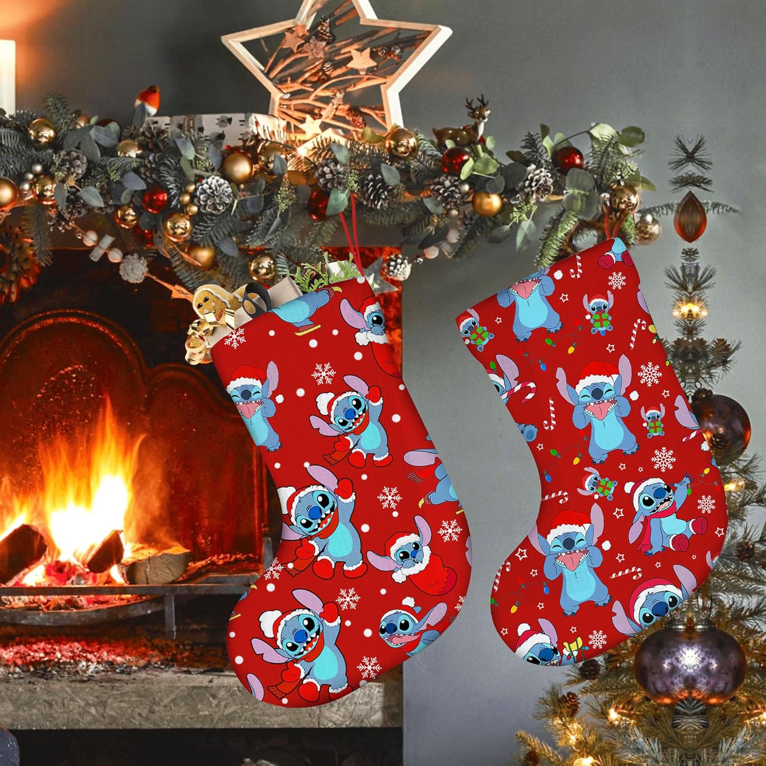 Stockings & Holders - IDIDOS Cartoon Christmas Stockings, 18in Christmas Stocking Ornament for Holiday Christmas Family Home Party, 2 Pcs Red Xmas Stocking for Xmas Tree Decor