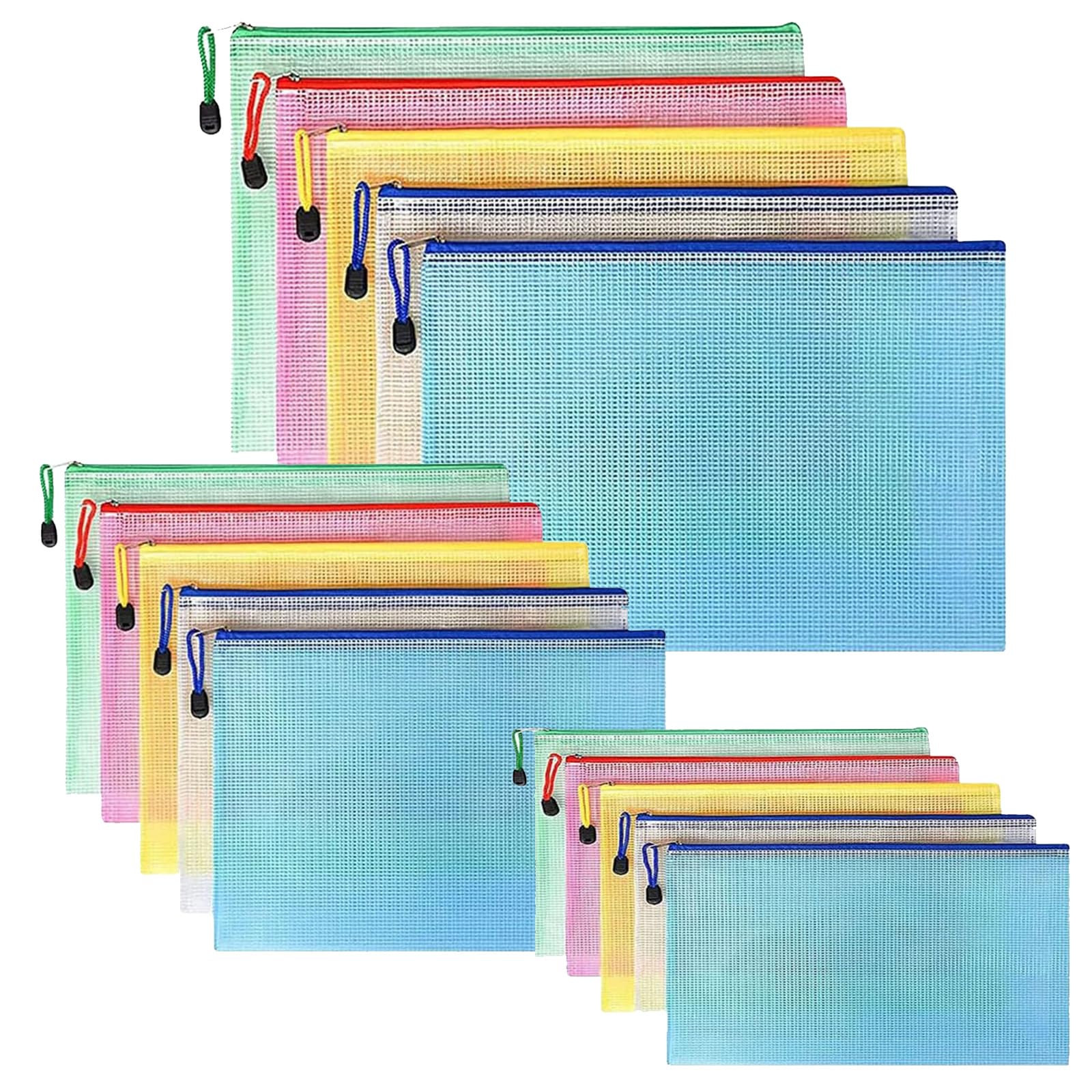 15 Pack Zipper File Bags, 3 Different Sizes A4 A5 A6 Mesh Document Bag Plastic Folders Wallets Office School Storage Pouches for Document Business Receipts Organization,5 Colours