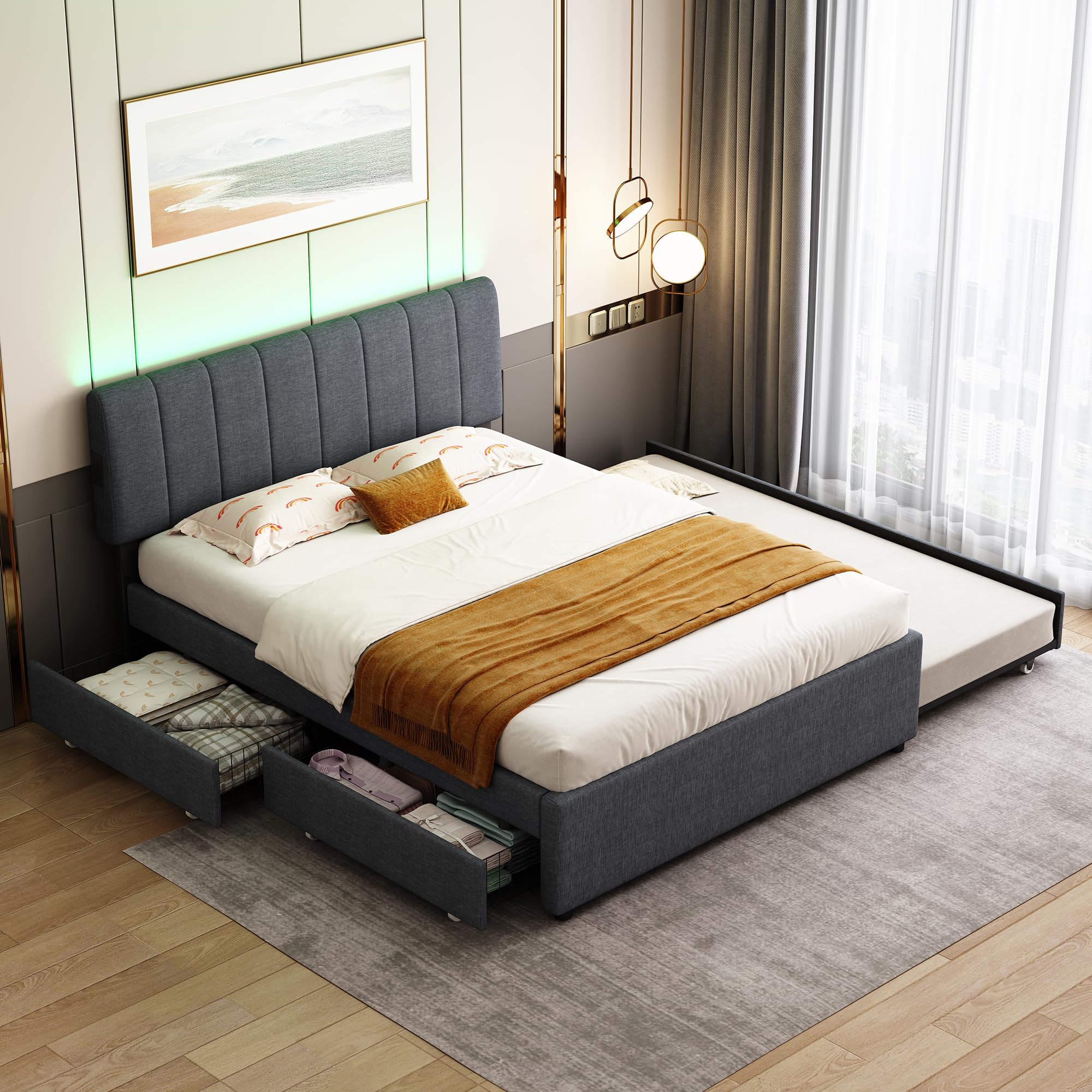 Photo 1 of **ONLY BOX 1**FAVSH Queen Size Upholstered Platform Bed with Trundle,2 Storage Drawers & USB/Type-C Charging,Linen Fabric Bed Frame with APP-Controlled LED Lights,No Box Spring Needed for Bedroom,Dark Gray