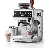 AMZCHEF Espresso Machine With Grinder, Temp Control, 44 Grind Settings | Hot &amp; Cold Brew, Cappuccinos &amp; Lattes, Built-in Grinder, Milk Frother, Touch Screen, Easy to Clean, Compact Design, Silver
