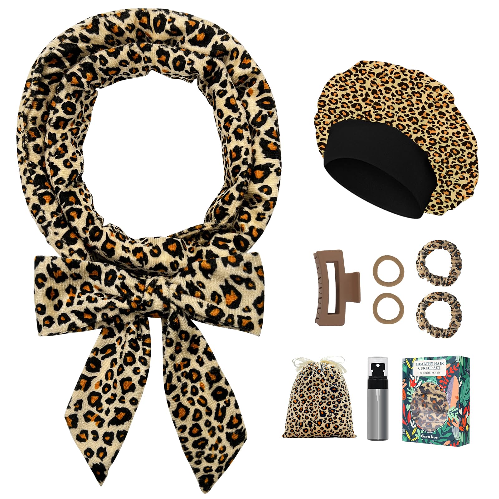 Photo 1 of Gwabee No Heat Overnight Curl Headband - 70" Soft Ribbon Wrap for Long Hair, 9 PCS Curling Rods Set - Leopard Print Curls Headband