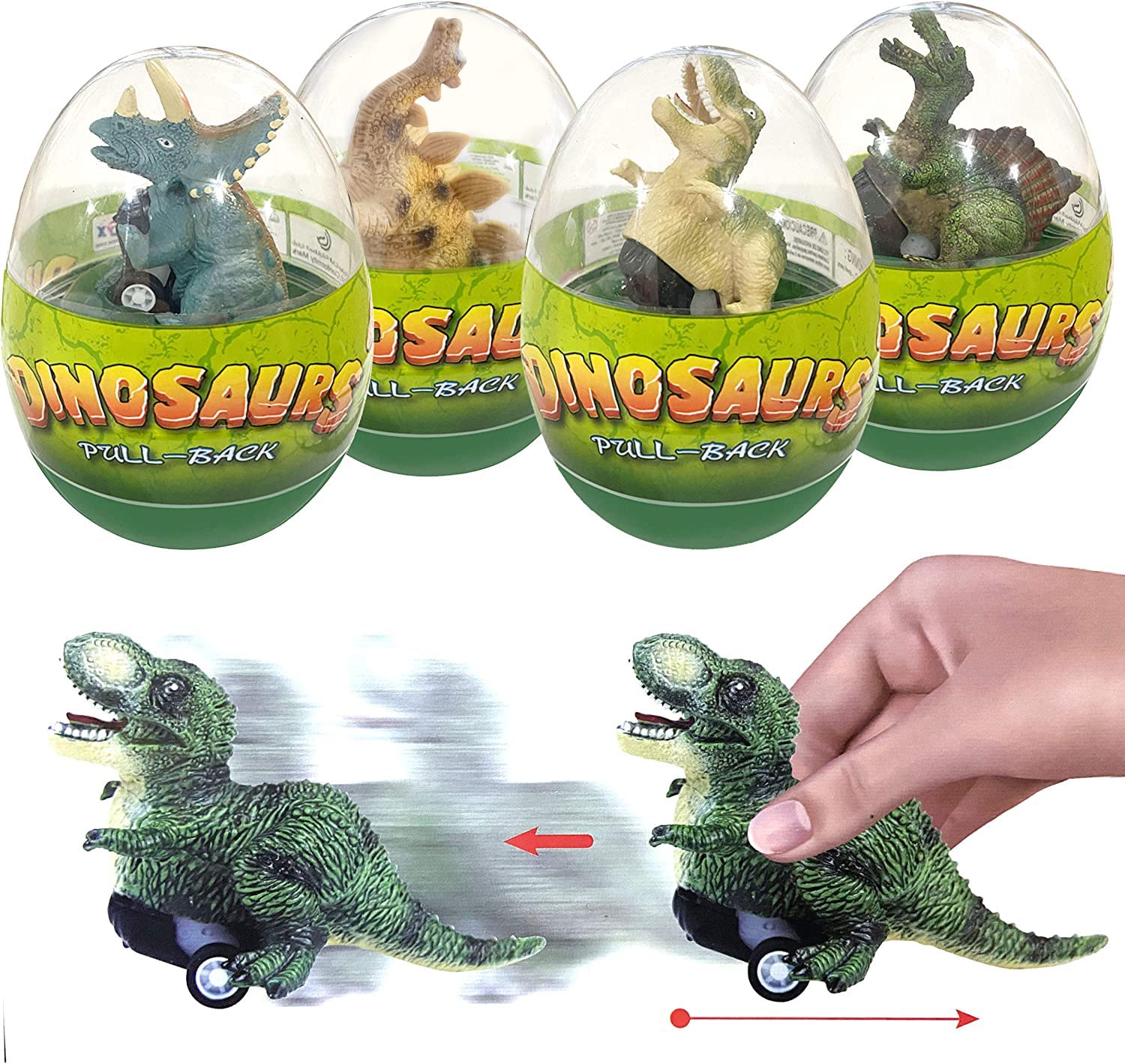 Photo 1 of 4 Pack Jumbo Dinosour Eggs with Dinosaur Pull Back Cars Dinos Vehicles Toys Inside for Kids Boys Girls Goodie Bag Christmas Stocking Stuffers Treasure Box Classroom Prizes Carnival Gifts