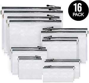 16-Pack Black Zipper Pouch (8 Sizes), Zipper File Bags File Holders with Grid Travel Pouch as Multipurpose Organizer - Clear Mesh Weatherproof Protection