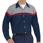 Red Kap mens Performance Tech Long Sleeve Work Utility Button Down Shirt, Navy/Red/Light Grey, Large Tall US