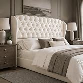 AMERLIFE Full/Queen Headboard Only, Velvet Curved Wingback, White | Velvet Upholstery, Deep Button Tufted, Curved Wingback Design, King/Cal King Compatible, Easy Assembly, Contemporary Bedroom