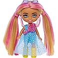 Barbie Extra Mini Minis Doll with Pink-Streaked Blonde Pigtails Wearing Blue Dress & Accessories, Plus Stand, 3.25-inch