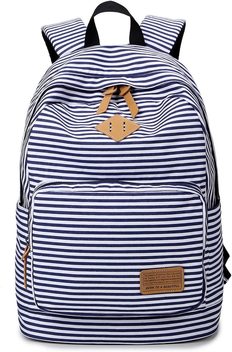 Wesell Navy Unisex Canvas Large Capacity Striped Backpack Casual Travel Backpack 14 inch Laptop Backpack Book Bag School Bag,Blue Stripes