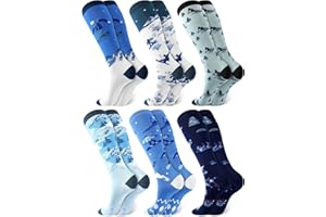 Toulite 6 Pairs Funny Ski Themed Socks Snowboarding Pattern over the Calf Cotton Socks Novelty Ski Lover Gift for Men Women Christmas Holiday Winter Skiers Gift, 6 Designs