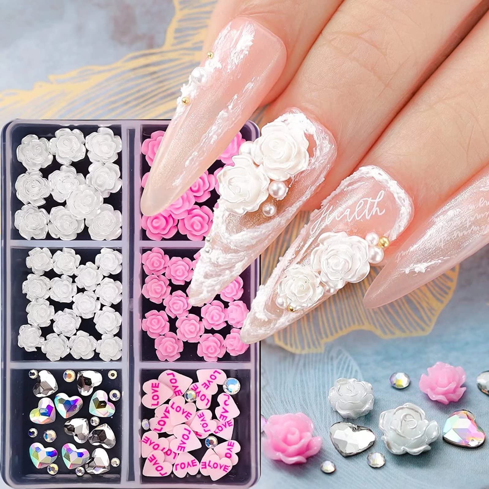 RUNRAYAY Pink 3D Flowers Nail Charms, Nail Diamonds for Acrylic Nails with Heart Nail Rhinestones, Nail Art Jewels for Women DIY Nail Decorations