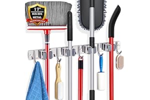 Eunvabir Mop and Broom Holder Wall Mount Organizer, 304 Stainless Steels Hanging Self Adhesive Storage Tool, Broom Hangers for Laundry Room Garage Kitchen Home, 4 Racks and 5 Hooks