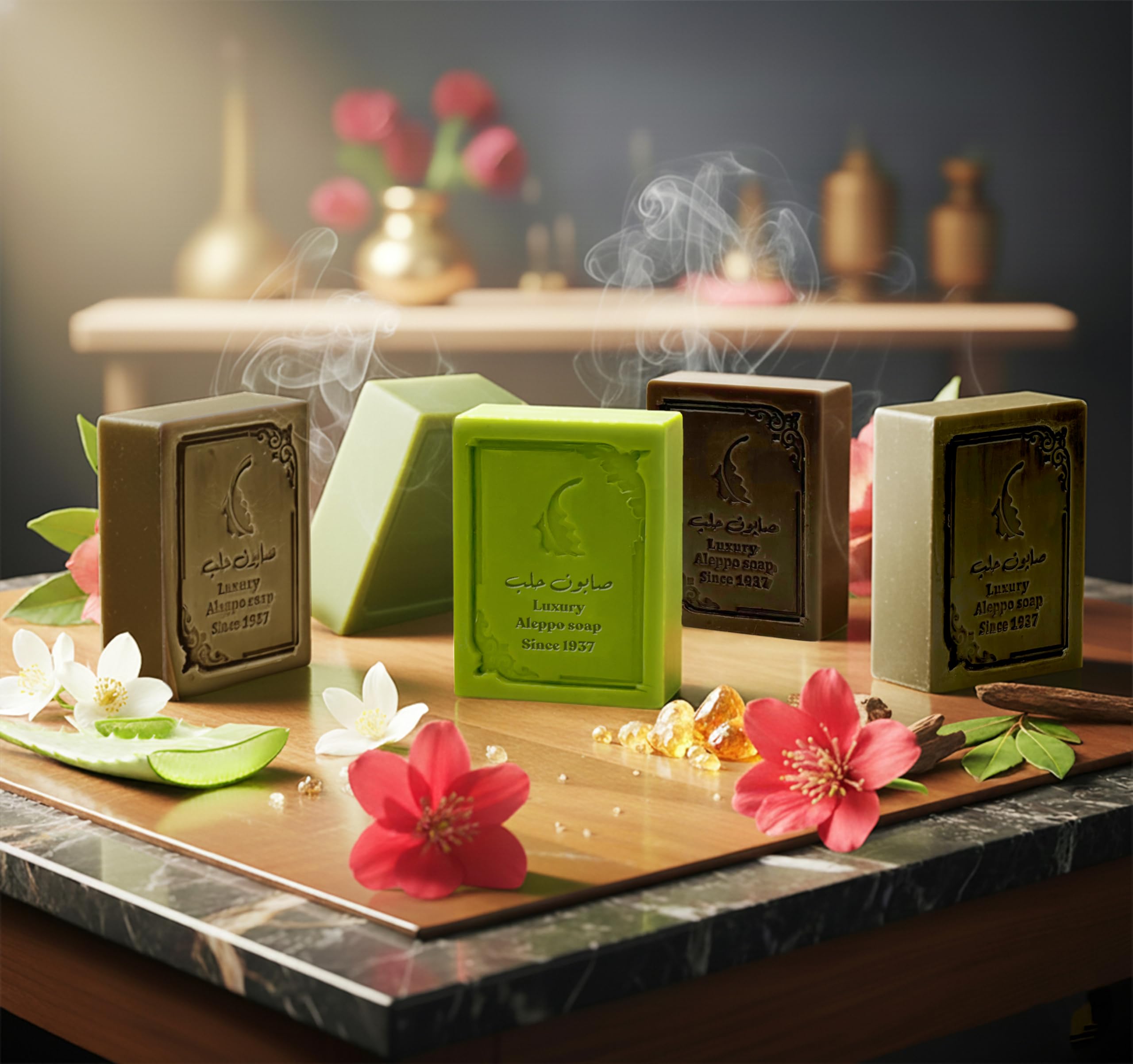 GREEN FADEL Aleppo Seife Luxury mit Oudh & Amber Aroma, 1 Stück, Original Aleppo Seife Olivenöl & Lorbeeröl, Olivenölseife, Naturseife, für Gesicht & Körper 5