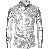 ZEROYAA Men's Shiny Metallic Sequin Long Sleeve Button Down Shirts for Halloween Cosplay Party