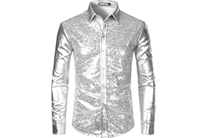 ZEROYAA Men's Shiny Metallic Sequin Long Sleeve Button Down Shirts for Halloween Cosplay Party