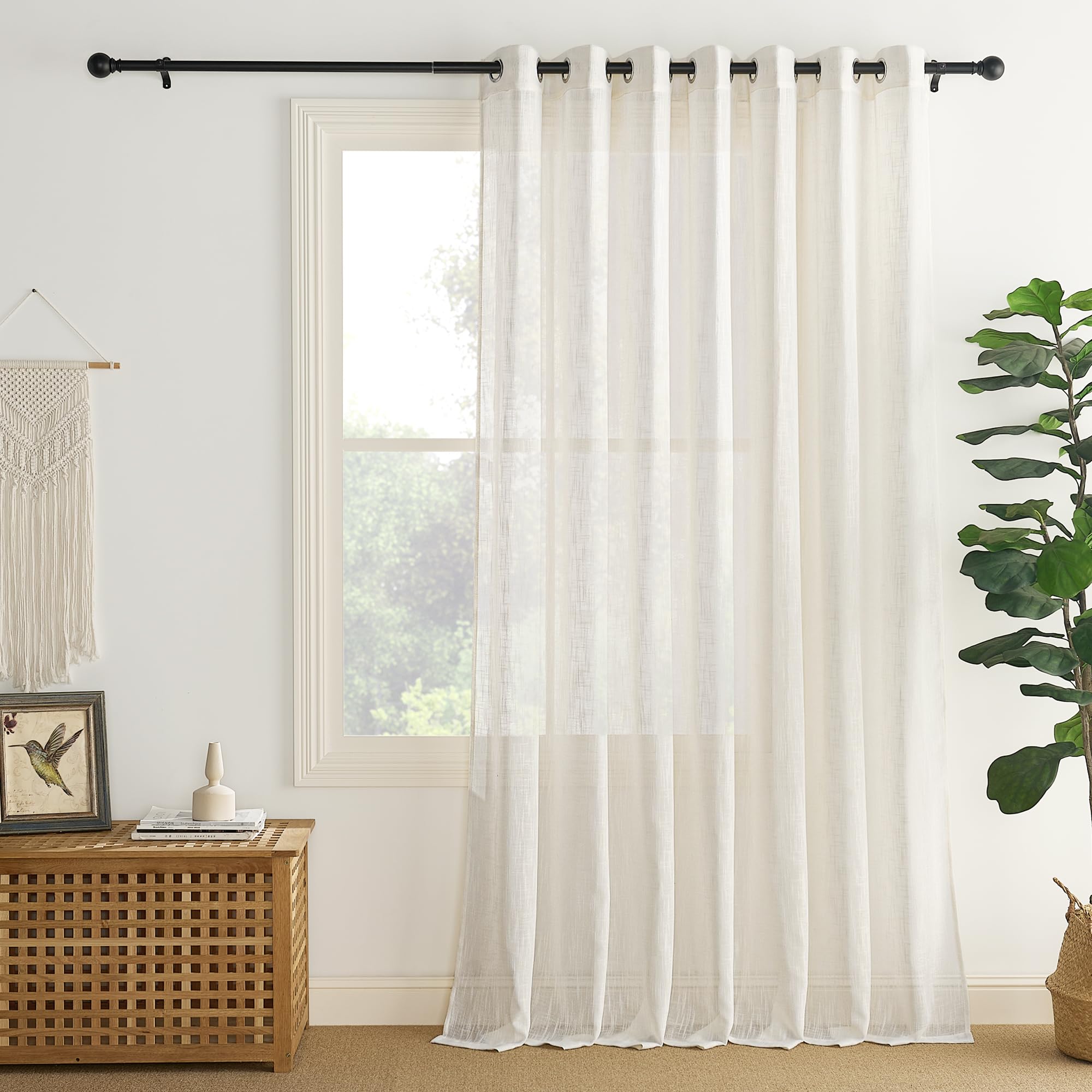 PONY DANCE Extra Wide Net Curtain for Living Room - 100 x 84 inches, 1 Panel Room Divider Voile Sheer Panel with Eyelet Top for Sliding Door/Bedroom/Bathroom Privacy Protected, Beige