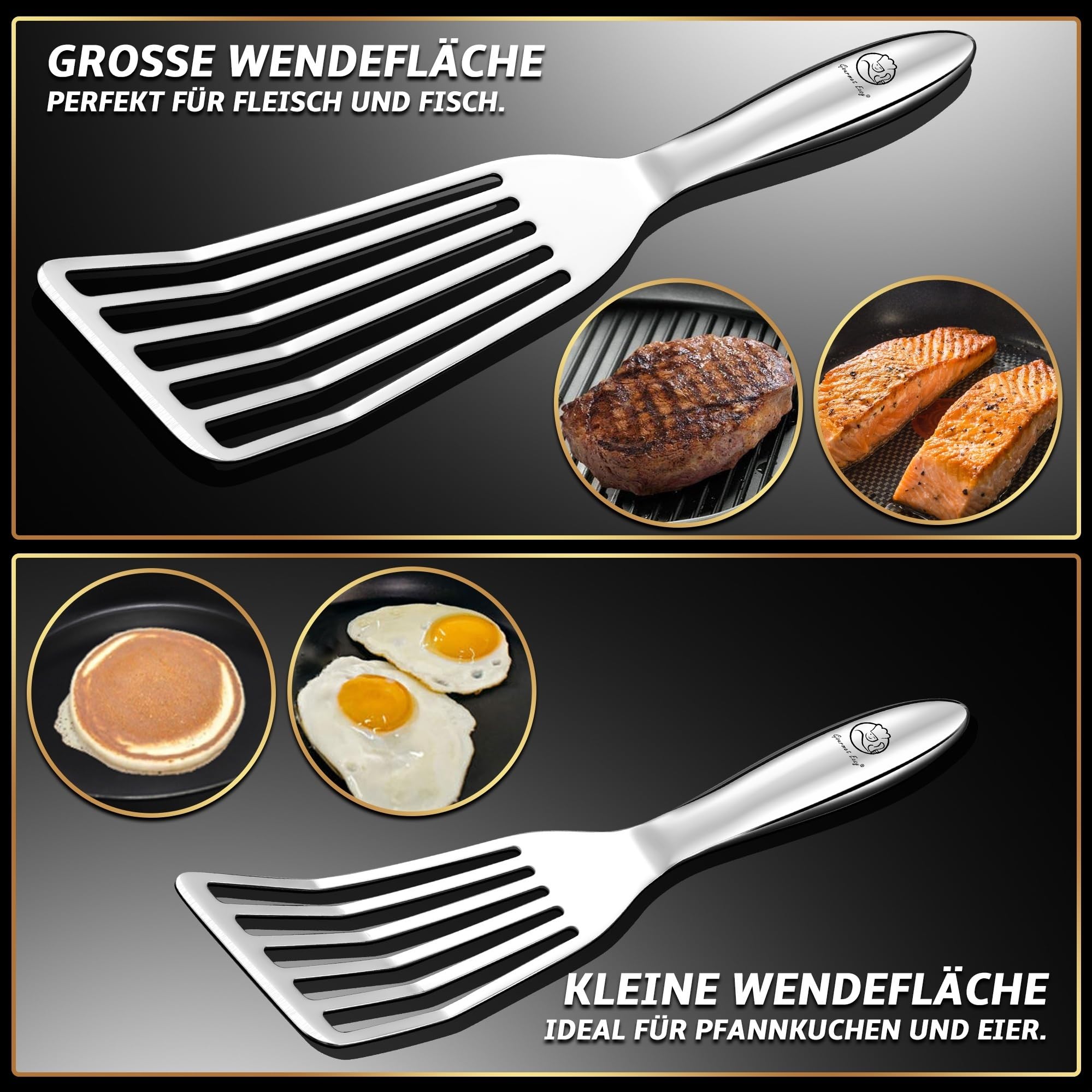 Pfannenwender Set aus rostfreiem Edelstahl für Fisch & Fleisch - Kleiner & Großer Pfannkuchenwender - Pfannenwender Edelstahl - Küchenhelfer 5 Jahre Ersatz 3
