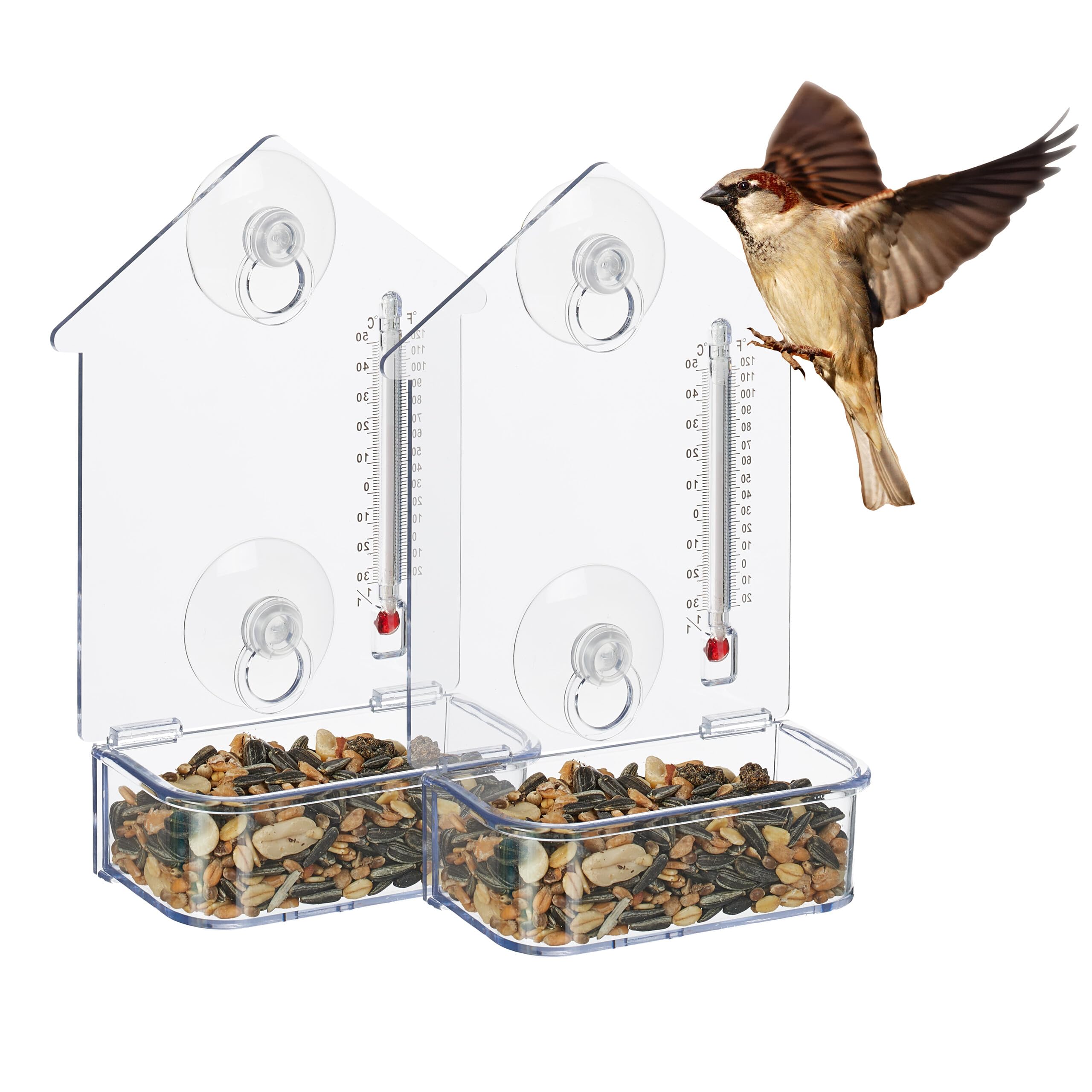 Relaxdays Set of 2 Window Bird Feeder, 2 Suction Cups, Feeding Station with Thermometer, 17 x 11.5 x 5 cm, Transparent