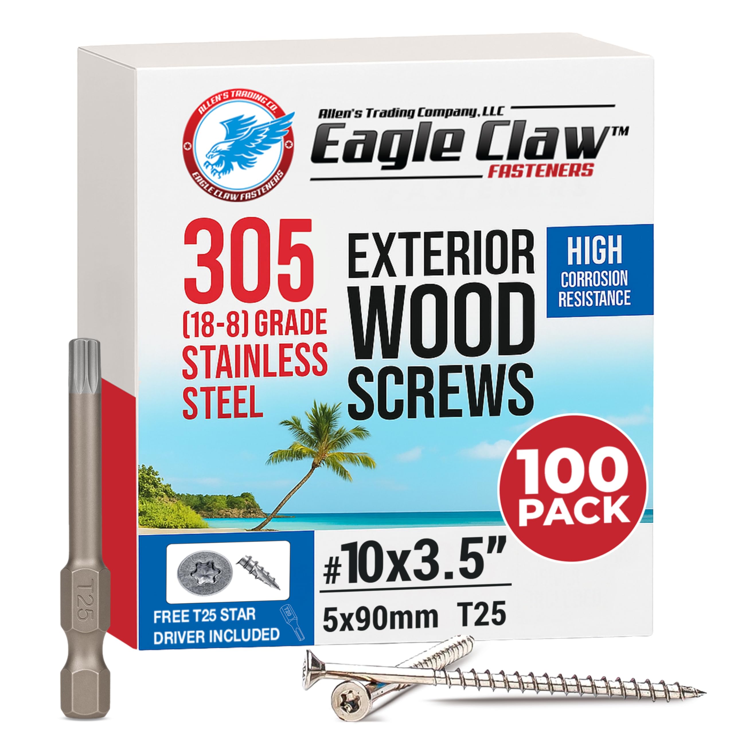 Eagle Claw Tools and Fasteners 10 x 3.5 Inch 305 Grade Stainless Steel Deck Screws 100 Box T25 Star Drive Included — image 1