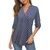 Halife Women's Roll Up 3/4 Sleeve Floral Print V Neck Tunic Blouses Tops Shirts