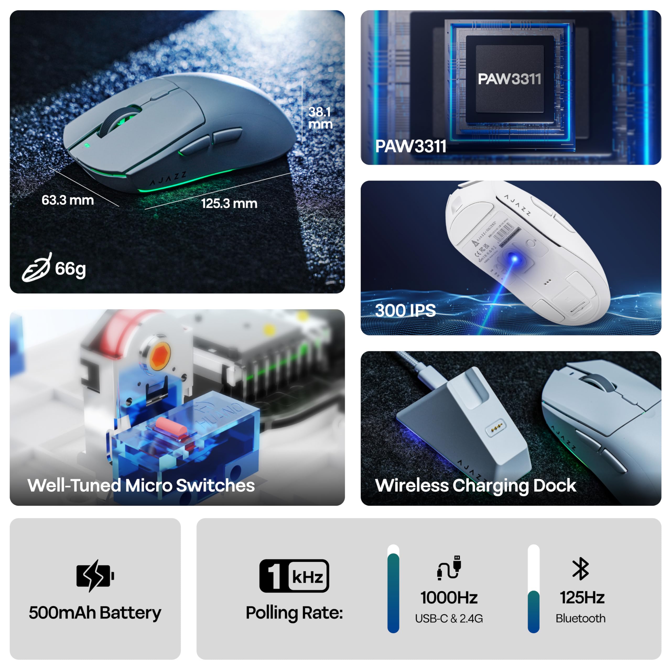 AJAZZ AJ139 V2 MC Gaming Mouse with Charging Base, Adjustable 12,000 DPI, PAW3311 Sensor, 3 Modes Wireless Mouse, 500mAh Battery, 1000 Polling Rate, 66g Lightweight, Win/Mac (White)