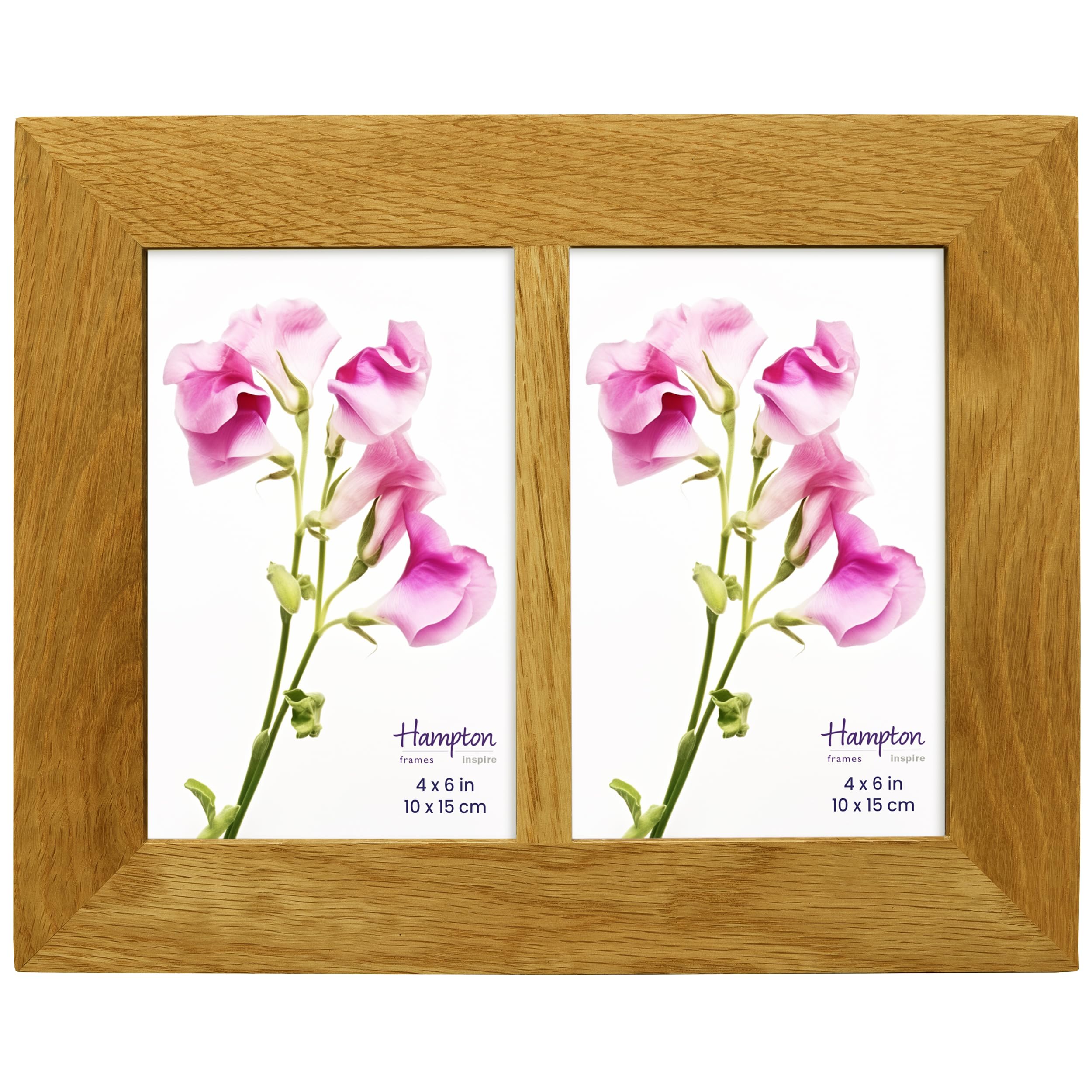 inspire by Hampton Frames | Double 4x6 Photo Frame, Natural Oak, Polished Wood, Glass Aperture | Freestanding or Wall Mount | Multi Aperture, Rectangular | Picture Frame for Home Decor