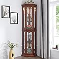 Lighted Display Cabinet Corner Curio Cabinet with Glass Doors,Wood Corner Curio Cabinet with Adjustable Shelves and Mirrored Back Panel,Curio Showcase Floor Stand Collection Art Display Case (Walnut)