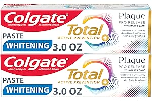 Colgate Total Plaque Pro Release Whitening Toothpaste Pack, Whitening Fluoride Toothpaste, Fights Plaque, Bad Breath, Tartar Buildup, and Helps Protect Teeth from Sensitivity, 2 Pack, 3.0 oz