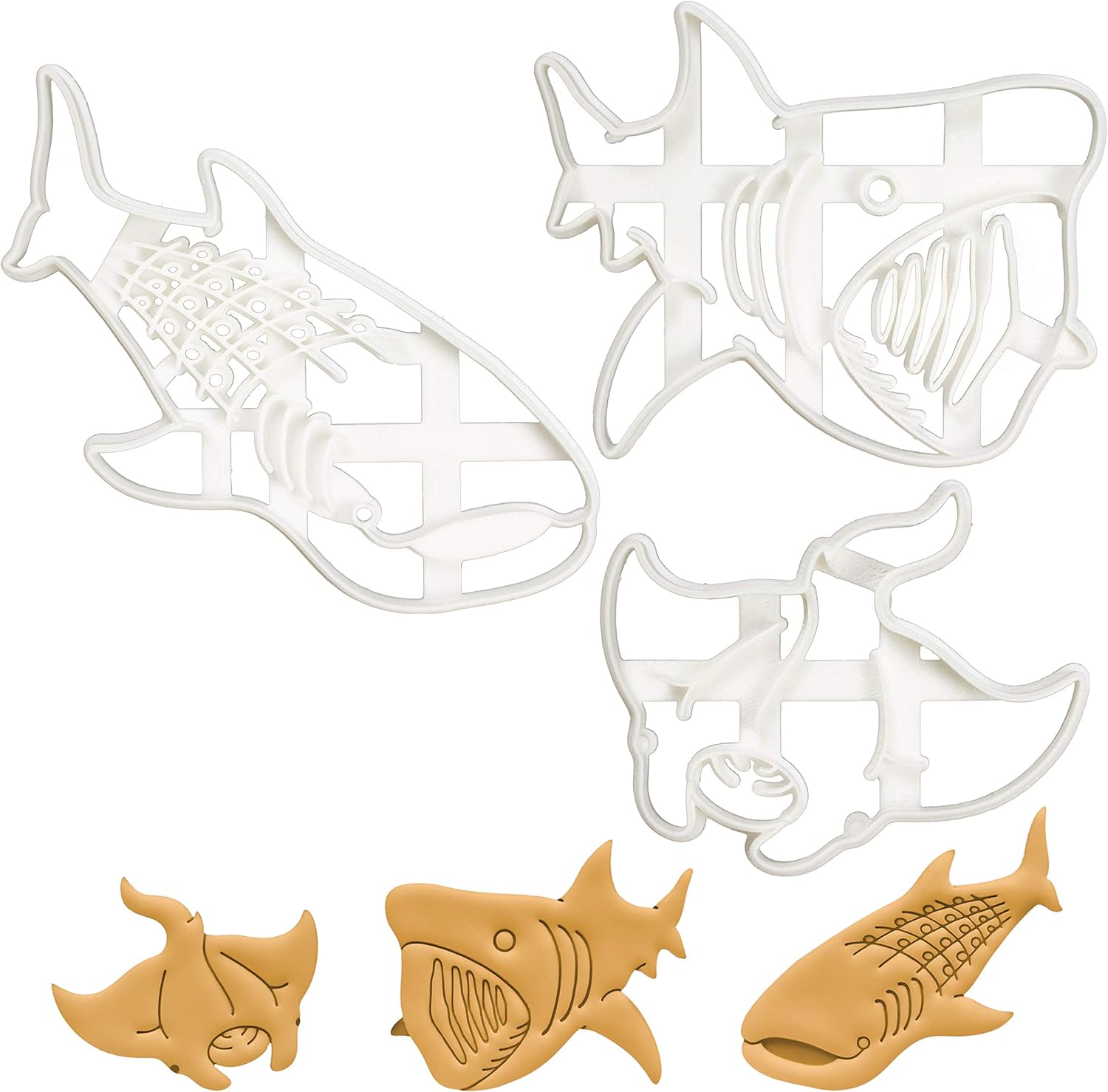 Set of 3 Deep Sea Animal cookie cutters (Design: Manta Ray, Whale Shark, Basking Shark), 3 pieces - Bakerlogy