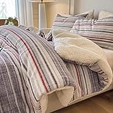 Cyusri Striped Sherpa Comforter Set 3Pcs Fluffy Warm Fleece Down Alternative, Grey Red Bedding Set with 2 Pillowcases, King Size 104"x90"