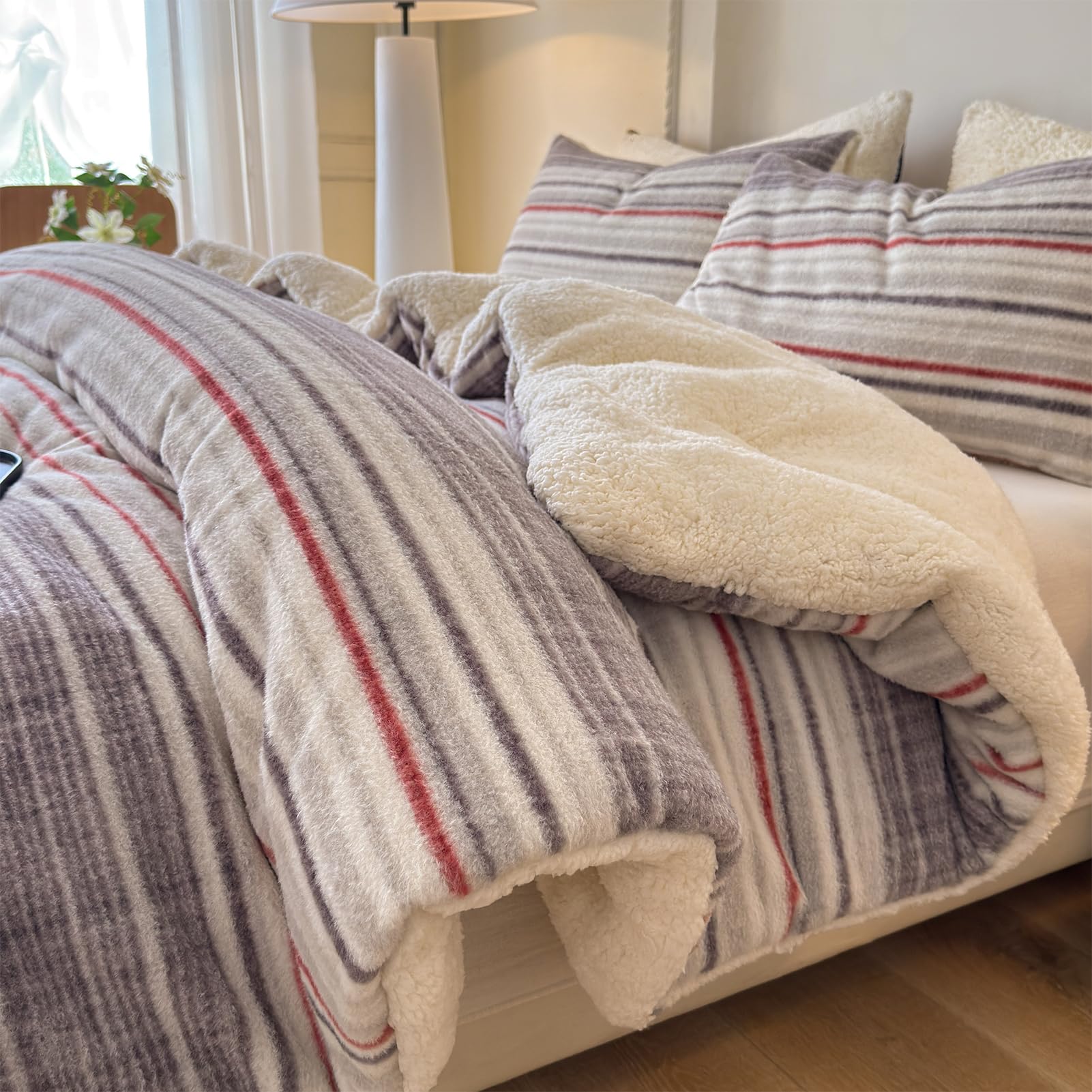 Photo 1 of Cyusri Striped Sherpa Comforter Set 3Pcs Fluffy Warm Fleece Down Alternative, Grey Red Bedding Set with 2 Pillowcases, Queen Size 90"x90"