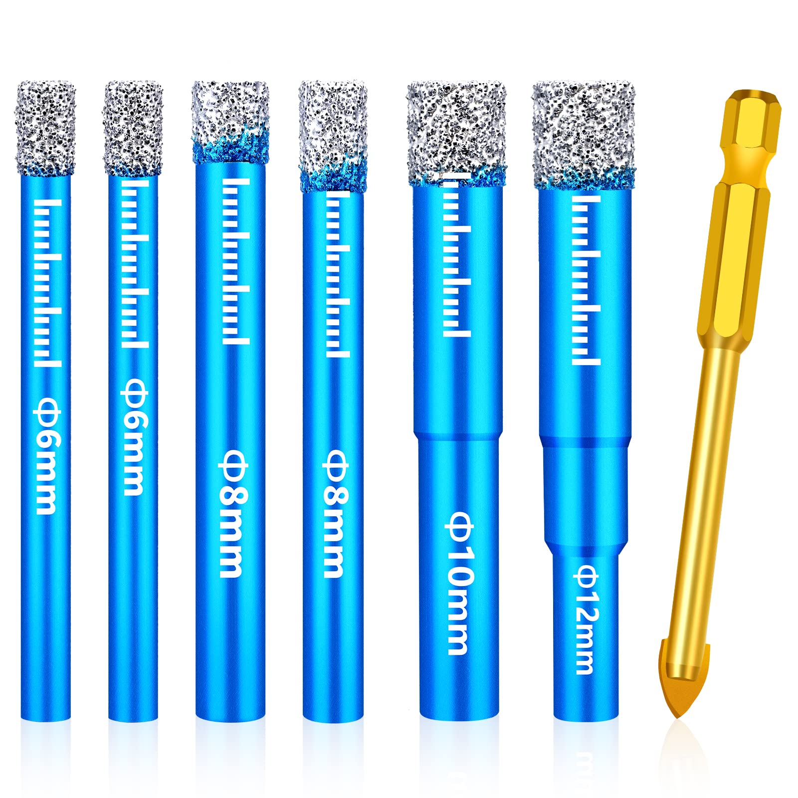 7-Piece Tile Drill Bit Set 6 mm/8 mm/10 mm/12 mm Hard Tiles Diamond Drill and 6 mm Carbide Current Metal Drill Bit Set for Glass, Porcelain, Ceramic, Granite