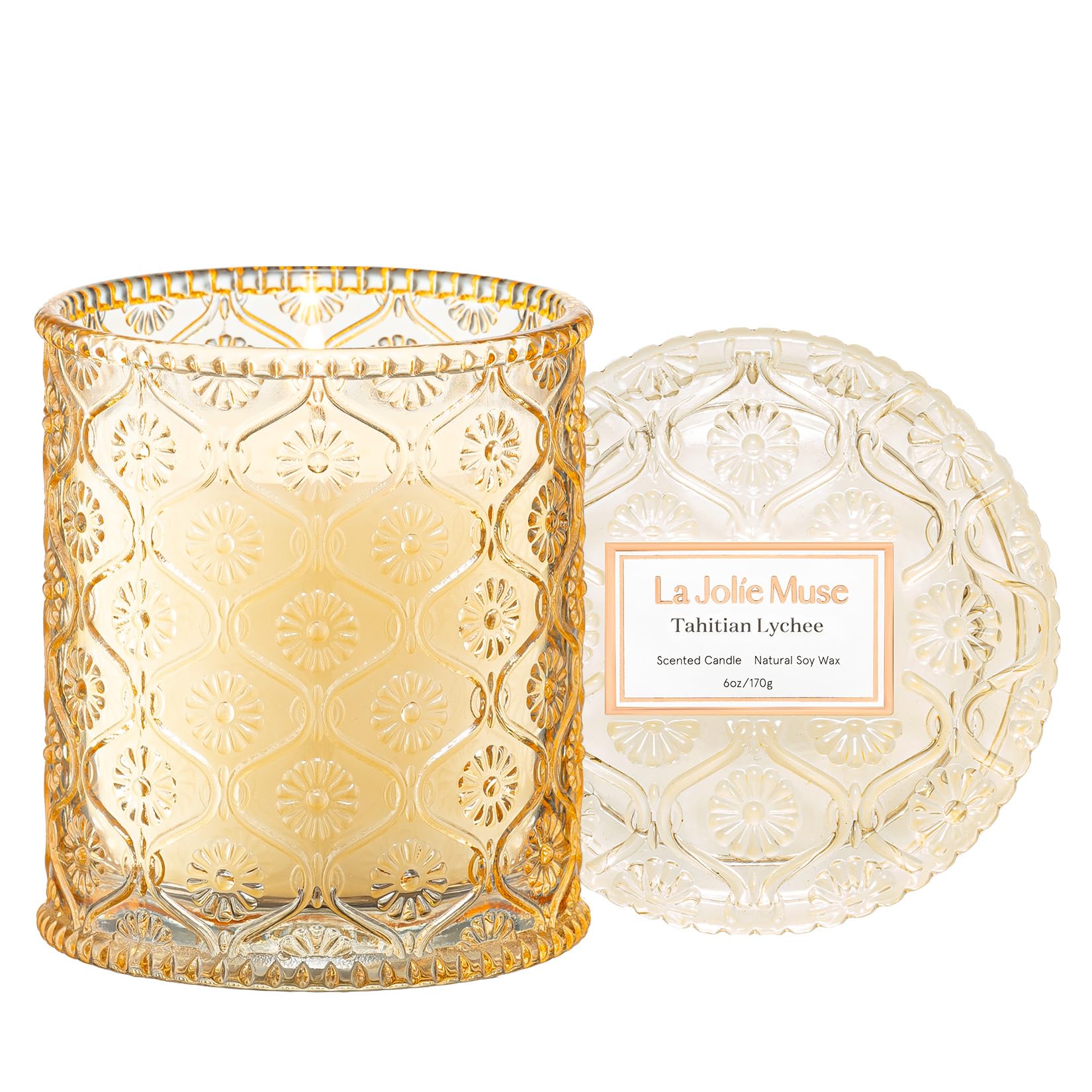 LA Jolie Muse Tahitian Lychee Candle - Lychee, Melon, Pineapple | 6 oz Natural Soy Wax | 40 Hours Clean Burn | Tropical Fruit Candle | Gift for Little Getaway