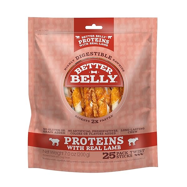 BETTER BELLY PROTEINS WITH REAL LAMB TWISTS, DIGESTIBLE RAWHIDE FOR DOGS, 25 COUNT